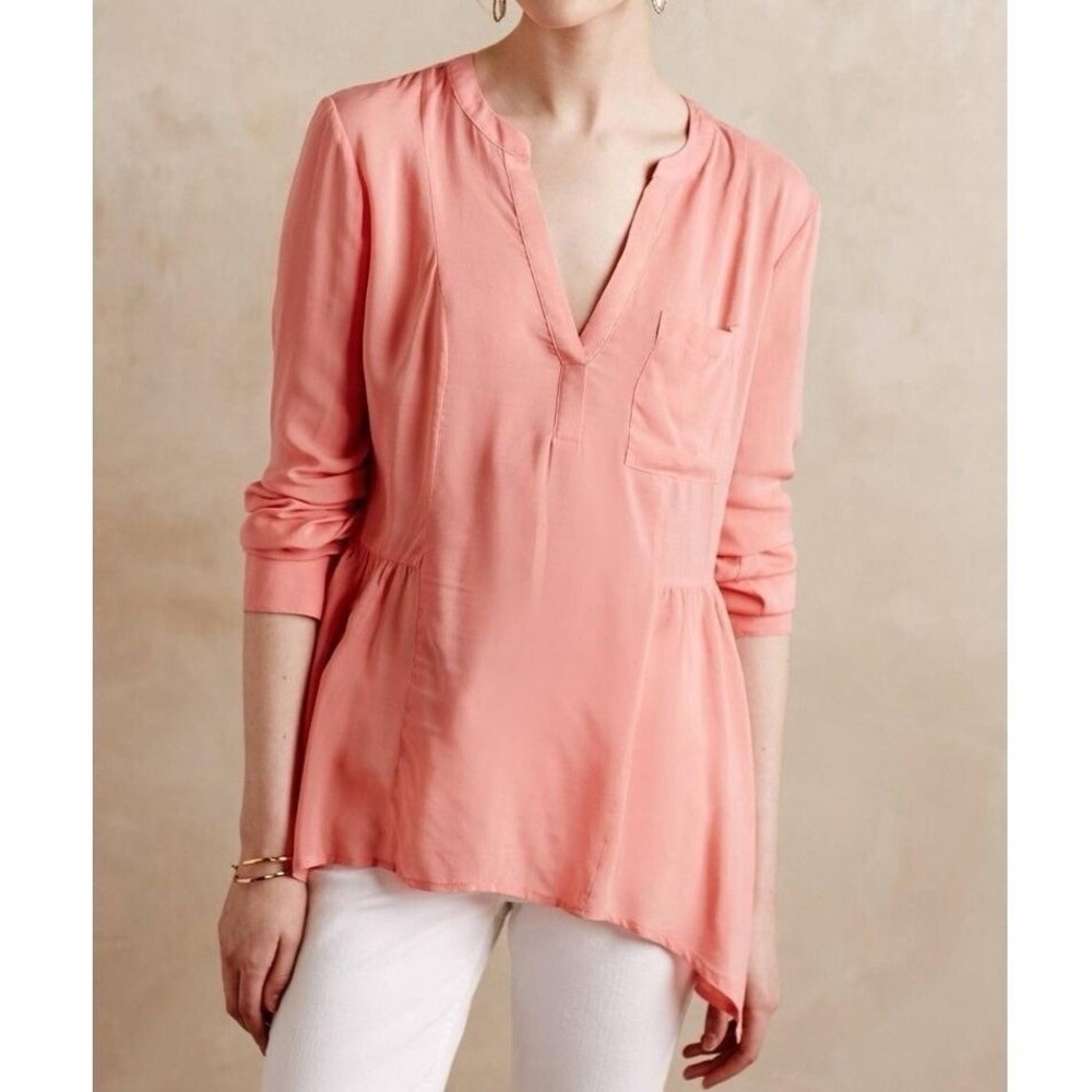 Anthropologie MAEVE Laiken Peach Henley Tunic Blouse Asymmetric Hem Size‎ 0 Boho
